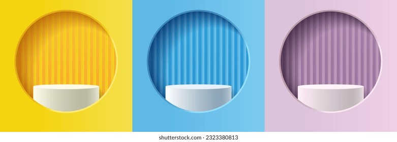 Set of yellow, blue, and purple abstract 3d minimal geometric backdrops, White cylindrical podiums for displaying products in round windows background, Vector illustration