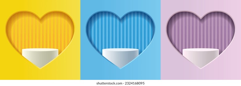 Set of yellow, blue, and purple abstract 3d backdrops, White cylindrical podiums for displaying products in heart shape window background, Vector illustration