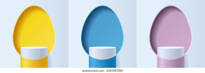 Conjunto de amarillo, azul y púrpura abstracto 3D feliz concepto de fondo de Pascua, podio de pedestal de cilindro que muestra productos con una pared de ventanas ovaladas de huevo como fondo, ilustración vectorial