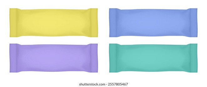 Set of yellow, blue, purple and teal green flow packs. Chocolate bar or ice cream wrapper. Foil bag. Realistic 3d mockup of a snack. Pouch	