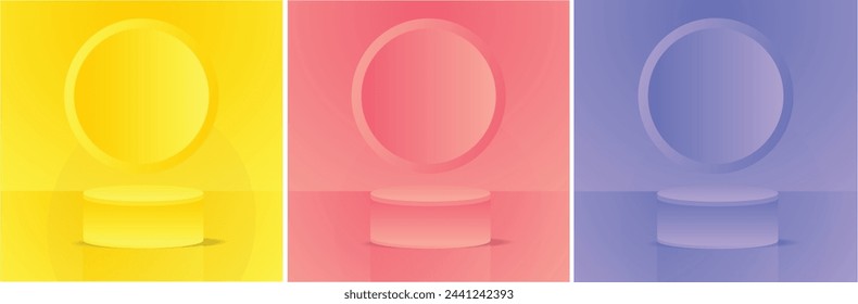 Set of yellow, blue, purple, white cylinder pedestal podium. Emboss ring shape with pastel color backdrop. Abstract vector rendering 3d shape. Cosmetic product display presentation. Minimal wall.