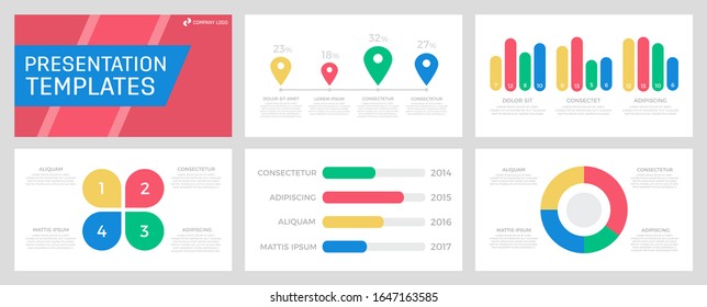 Set of yellow and blue, red, green elements for multipurpose presentation template slides with graphs and charts.