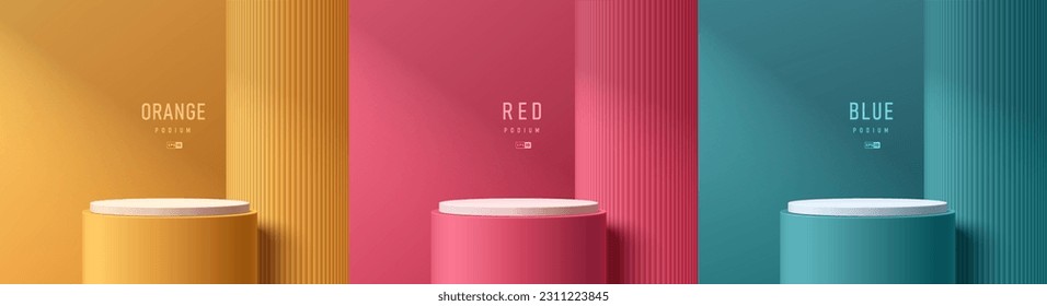 Set of yellow, blue and red realistic 3d cylinder stand pedestal podium in studio rooms and huge pillars. Abstract vector 3D rendering. Round stage showcase. Wall minimal scene mockup product display.