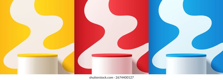 Conjunto de podio de producto 3D redondo amarillo, azul, rojo y blanco con fondo ondulado. Composición Abstractas en diseño minimalista. Pedestal de la sala de exposición del estudio, escena de la pared de la maqueta del escaparate de la moda.