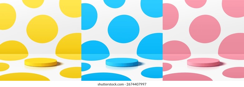 Set of yellow, blue, red and white 3D product podium with polka dots background. Abstract composition in minimalist design. Studio display showroom pedestal, Fashion stage showcase mockup wall scene.
