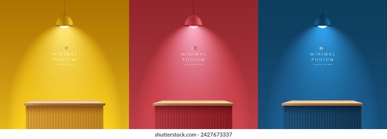 Set of yellow, blue, red and wood realistic 3d podium stand od cube desk shelf table with hanging neon lamps. Stage showcase, Product display. Vector rendering geometric forms. Abstract minimal scene.