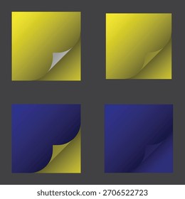Conjunto de folhas de papel quadradas amarelas e azuis com cantos realísticos descascados. Versátil para design gráfico e interfaces da Web.