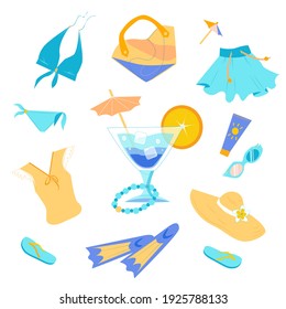 Un conjunto de ropas de verano amarillas y azules: cóctel jugoso, sombrero, falda, blusa, gafas, bolsa de playa, bañador, chanclas, aletas. Vector 