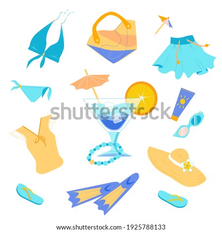 A set of yellow and blue summer clothes: a juicy cocktail, a hat, a skirt, a blouse, glasses, a beach bag, a swimsuit, flip-flops, flippers. Vector 