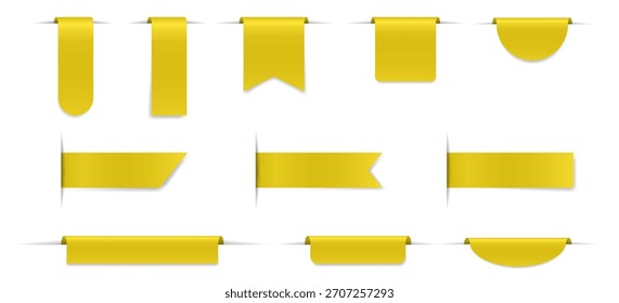 Satz gelber Lesezeichen mit Schatten. Abgebogene Papierstreifen zum Markieren von Seiten. Lange und kurze Etiketten