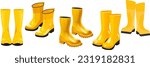 set of yellow boots, vector illustrations, shoes, yellow rubber shoes in different styles, different shapes and angles