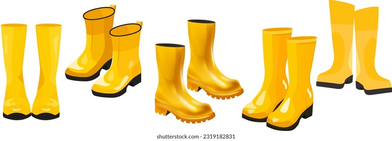 set of yellow boots, vector illustrations, shoes, yellow rubber shoes in different styles, different shapes and angles