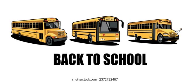 Satz gelber Busse und Text BACK TO SCHOOL auf weißem Hintergrund 