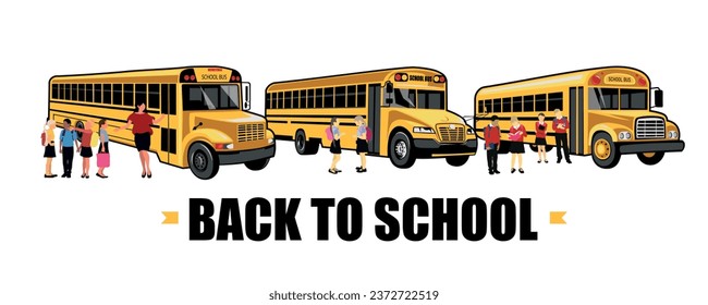 Set of yellow buses and text BACK TO SCHOOL on white background 