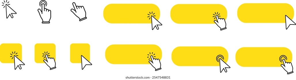 conjunto de Botones amarillos con un icono de puntero de flecha o mano que hace clic, con Plantillas de Vector "Hacer clic aquí". Ideal para Web e interfaces digitales. Ilustración vectorial.