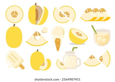 Set of Yellow Canary melon, Farm fresh product emblem for grocery shop, collection of ice cream, Juice jar, glass of juice, ice cream cone and stick, simple flat vector illustration of fruits.