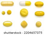 Set of yellow capsules isolated on transparent background. Vector illustration