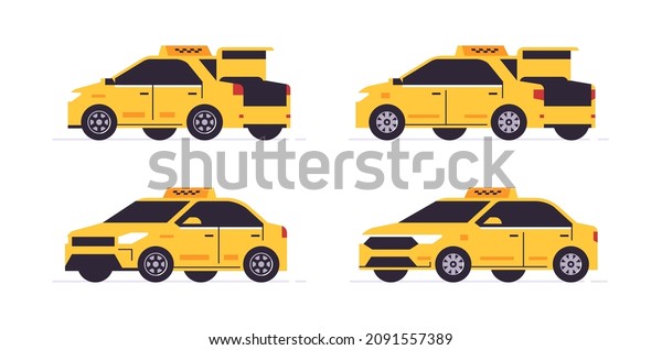 Set of\
yellow car taxi service online. Yellow taxi car front and back\
views, open trunk, mini van. Urban cab service. Checkers on the\
roof. Vector illustration isolated on\
background.