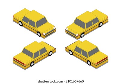 Set of yellow car vector illustration in isometric view.