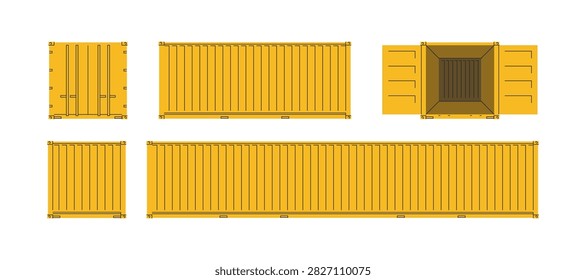 Set of yellow cargo shipping containers in various angles and projections