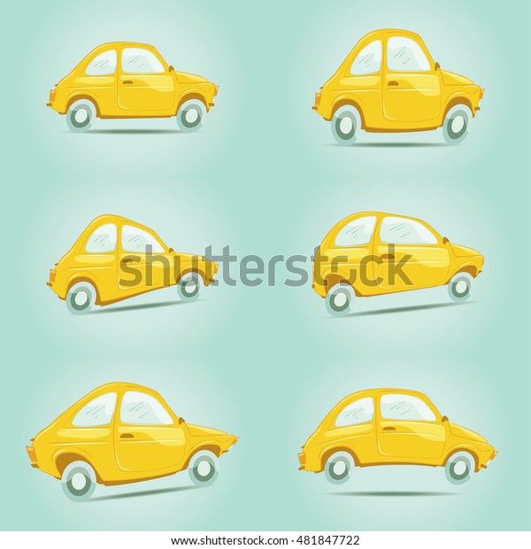 Set of yellow cartoon cars on different shapes\
and positions.