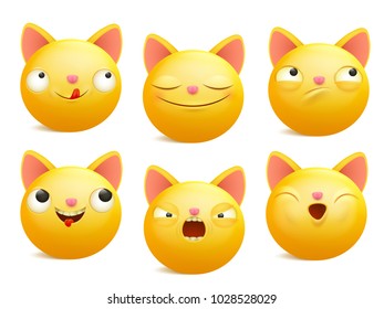 Set of yellow cartoon emoji cat characters in different emotions. Vector illustration