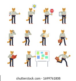Set of yellow cat characters showing various actions. Cheerful cat holding stop sign, clipboard, document, talking on phone, running and showing other actions. Flat design vector illustration