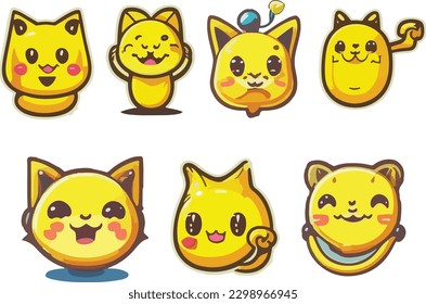 Set Yellow Cat Mascot Icon sticker illustration