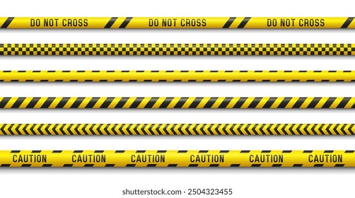 Set of yellow caution tapes. Security line. Crime scene barrier tape. Seamless ribbons. Vector illustration.