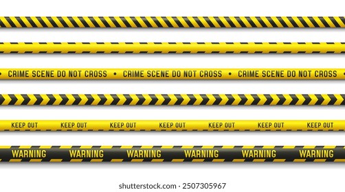 Set of yellow caution tapes. Security line. Crime scene barrier tape. Seamless ribbons. Vector illustration.