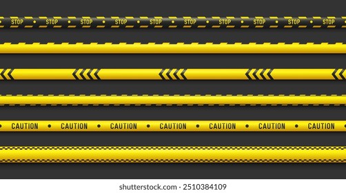 Set of yellow caution tapes. Security line. Crime scene barrier tape. Seamless ribbons. Vector illustration.