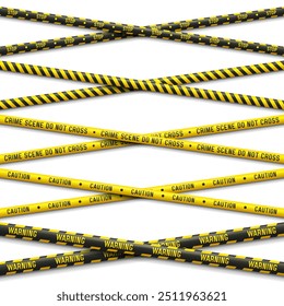 Set of yellow caution tapes. Security line. Crime scene barrier tape. Vector illustration.