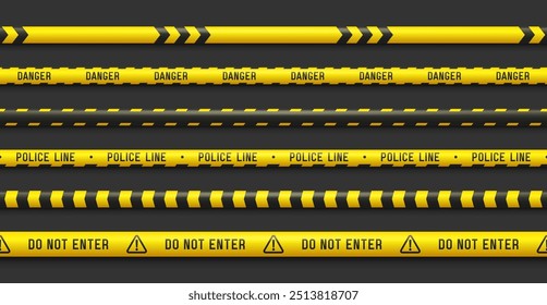 Set of yellow caution tapes. Security line. Crime scene barrier tape. Seamless ribbons. Vector illustration.