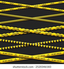 Set of yellow caution tapes. Security line. Crime scene barrier tape. Vector illustration.