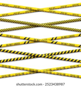 Set of yellow caution tapes. Security line. Crime scene barrier tape. Vector illustration.