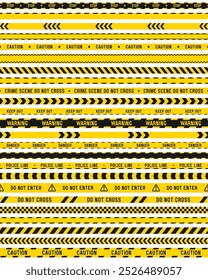 Set of yellow caution tapes. Security line. Crime scene barrier tape. Seamless ribbons. Vector illustration.