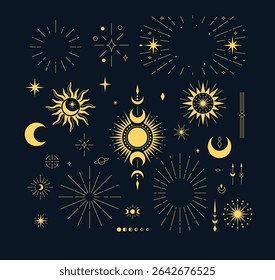 Set of yellow celestial elements on dark background with sun, moon and stars. Abstract esoteric decoration. For tarot, mystical themes. Vector illustration. Flat style.
