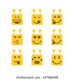 set of yellow chatbot emoji icon. concept of facial tasty, networking, ui, script ai, rude, funny chatting, sad, spam sms, profile. flat style trend modern logotype graphic design on white background
