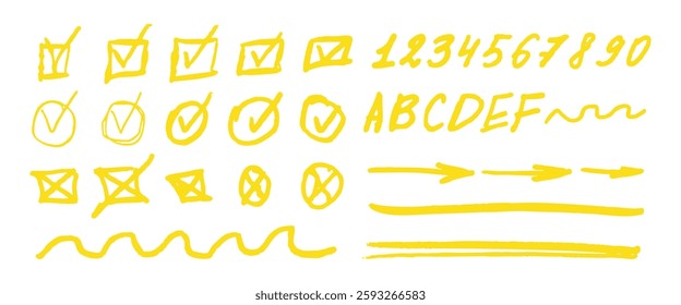 A set of yellow check marks, numbers, and letters. The check marks are in various sizes and shapes, and the numbers and letters are also in different sizes and shapes. Scene is playful and creative