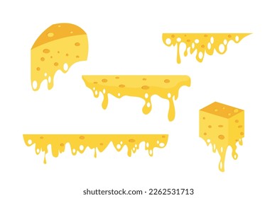 Set of yellow cheese in cartoon style. Vector illustration of processed cheese with holes. Pieces of Dutch processed cheese isolated on a white background.