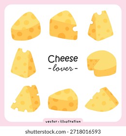 Set of Yellow Cheese Slices and Blocks, Flat Vector Food Icons, Kawaii Cartoon Cheese Collection for Food Lovers and Menu Design