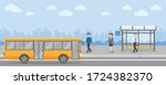 Set of yellow city bus with front side and back view with bus stop station isolated vector illustration. Flat style concept of public transport. 