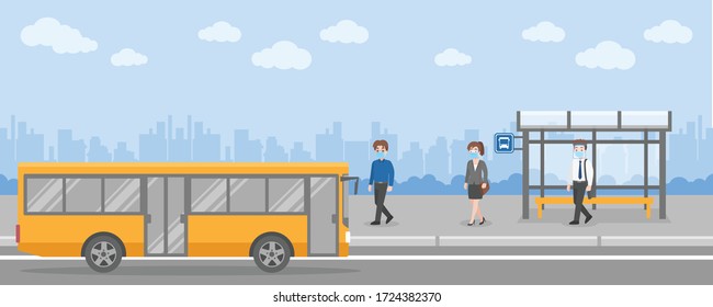 Set of yellow city bus with front side and back view with bus stop station isolated vector illustration. Flat style concept of public transport. 