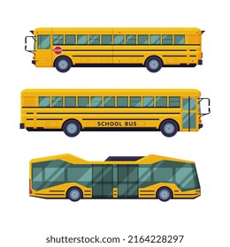 Set of yellow city bus, side view vector illustration