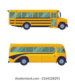 Set of yellow classic bus, side view vector illustration