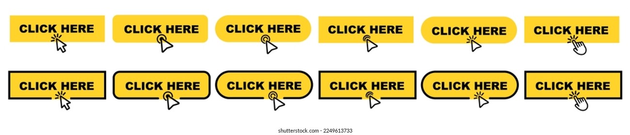 Set of yellow click here vector buttons on white background. Buttons with cursor and pointer. Vector 10 Eps.