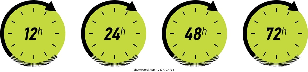 Set of yellow clock arrow 12, 24, 48, 72 hours in a flat design. Vector ilustration