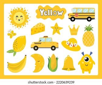 Set of yellow color objects. Primary colors flashcard with yellow elements. Learning colors for kids. Vector illustration