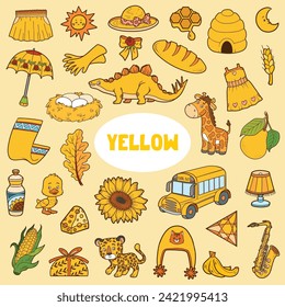 Set of yellow color objects. Visual dictionary for children about the basic colors. Square cartoon sheet with isolated images to learning for kindergarten and preschool learning