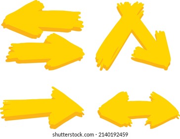 Set of yellow colored curly arrows. Vector illustration
